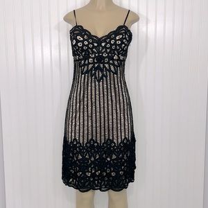 Sue Wong Black Crochet Lace Cocktail Dress w/ Champagne Underlay Beaded Detail 6